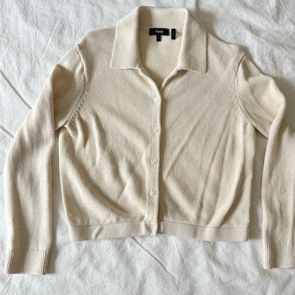 Theory Cream Polo-Style Knit Cotton/Cashmere Cardigan - Picture 2 of 4